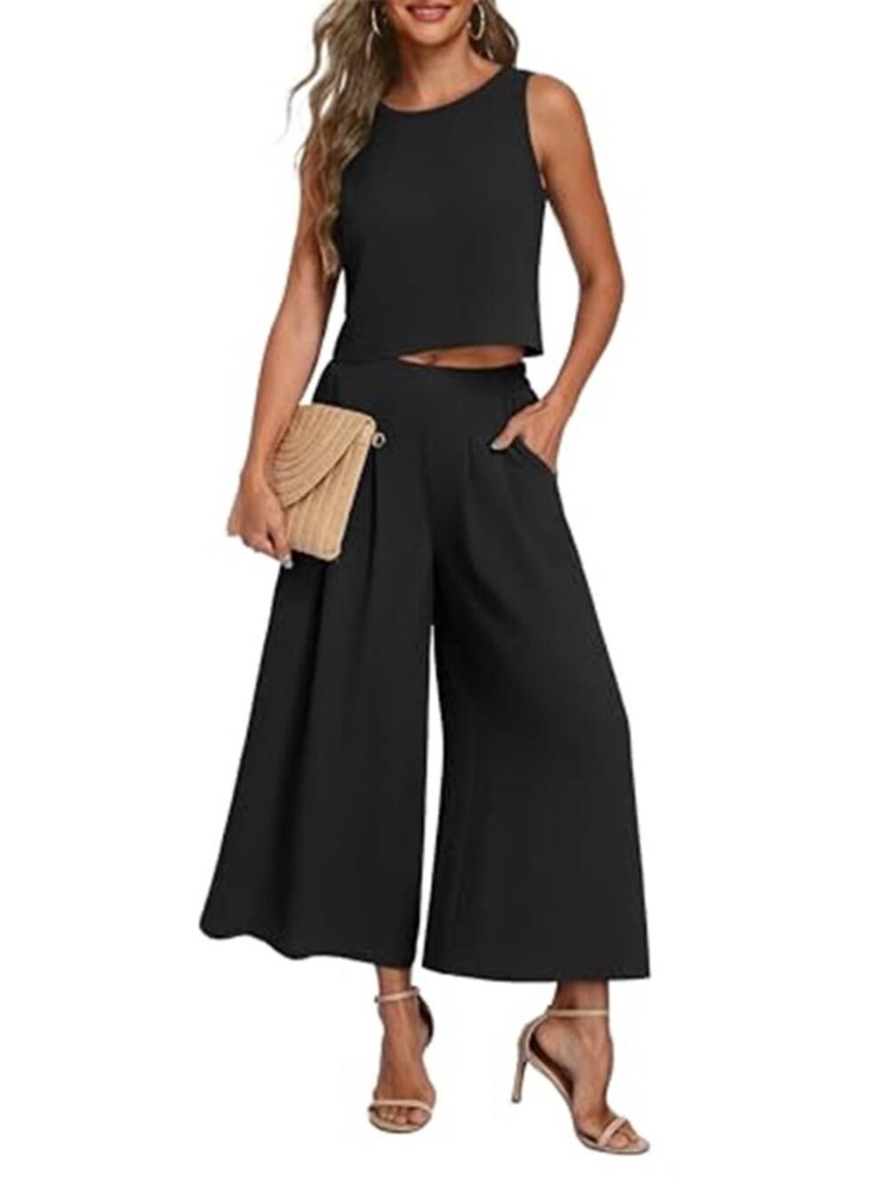 Womens 2 Piece Set Sleeveless Crop Top Wide Leg Pants Black Outfit Vacation